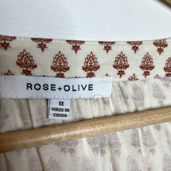 Rose and Olive Boho Print Knit Top Womens Size 1X Tasseled Ivory Rust Travel - Picture 4 of 6